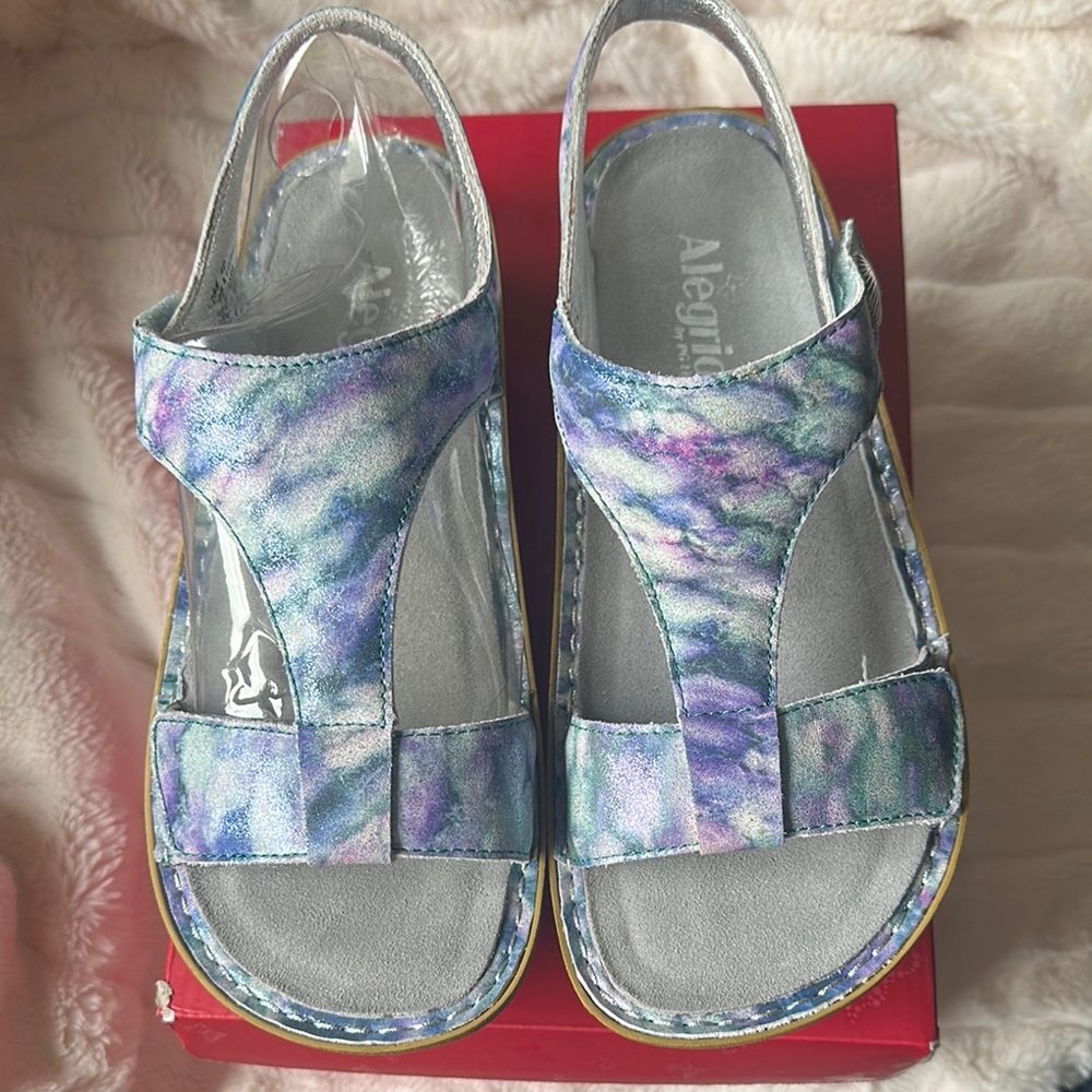 Alegria Blue and Purple Patterned Leather Sandals